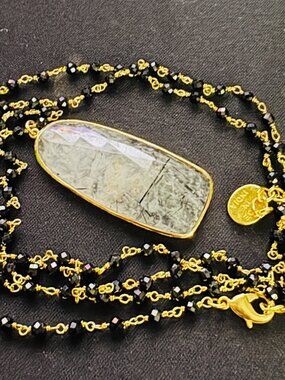 Signed Joya Long Necklace with Glass Pendant